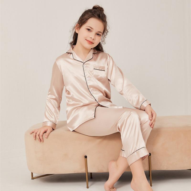 

Тонкий срез ледяного шелка для мальчиков и девочек на весну и осень, повседневная домашняя одежда с длинными рукавами, детская пижама с отворотами из искусственного шелка 160 yards (140-150cm) шампанского