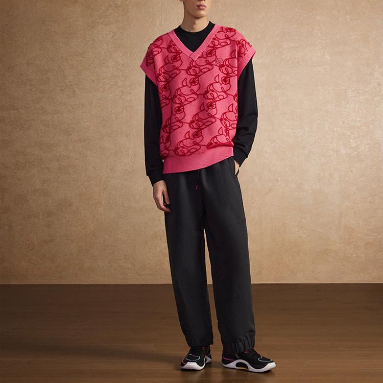 Li Ning 2023 Autumn Winter New Wade Series V Neck Knitted Cartoon Full Print Vest Men Vest Bright-Pink AMVT029-10