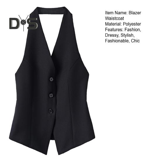 Chaleco de Traje Halter con Cuello en V para Mujer Abotonado Sin Espalda Blazer Chaleco sin Mangas Crop Camiseta sin Mangas Vintage Elegante