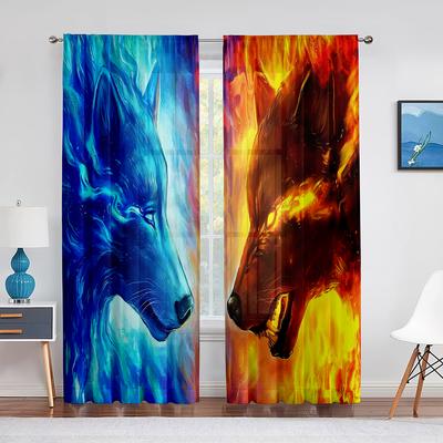 Tenda Voile Trasparente Lupo Ghiaccio Fuoco Lupi Si Guardano Tende Tulle Finestra per Soggiorno Camera da Letto Cucina Decorazione Tendaggi