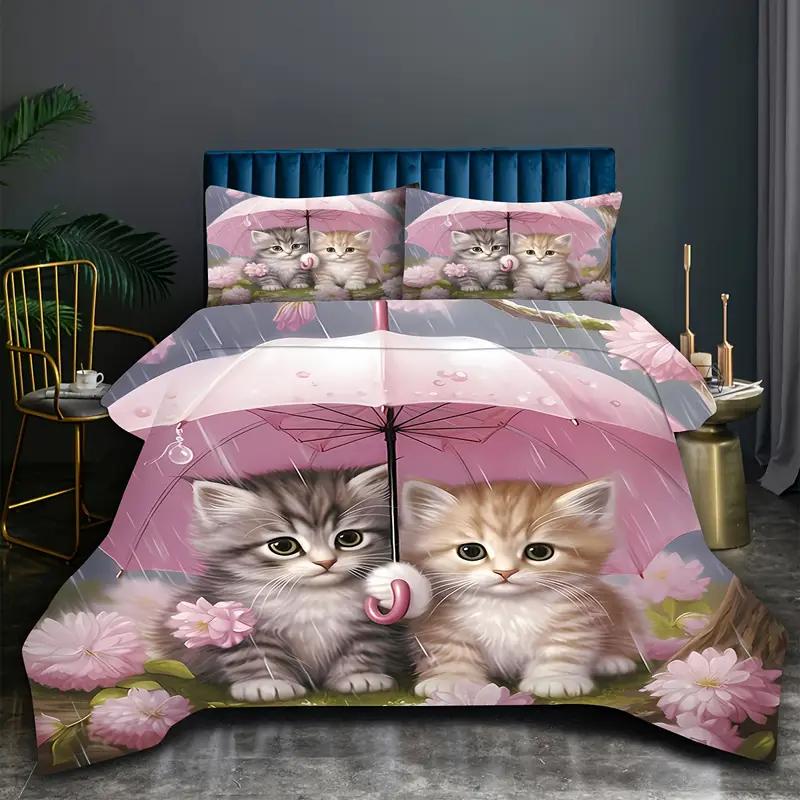 Comforter Cute Cat 3Pcs 3D Digital Printed Soft Comfortable Breathable Bedding Set For Bedroom Dorm