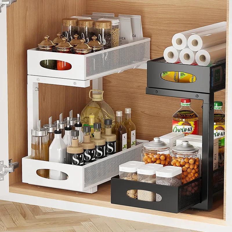Under Sink Organizers and Storage, Adjustable 2 Tier Metal Pull Out Cabinet Organizer for Bathroom, Kitchen, Pantry