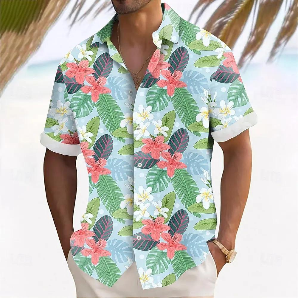 Hawaiian Tropical Leaf Print Short-sleeve Shirt, Perfect for Summer Beach Wear.