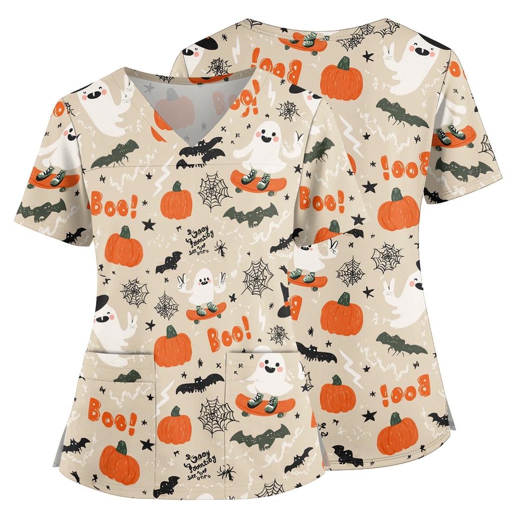 Women's Halloween Print V Neck Medical Scrub Top with Pockets Side Slit Short Sleeve Nurse Uniform Shirt for Healthcare Professionals