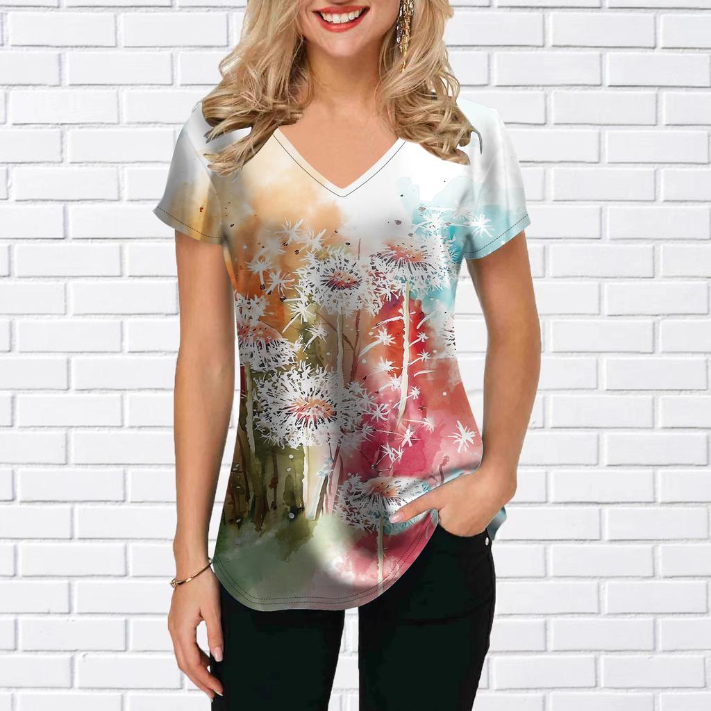 Women's V-Neck Short Sleeve Sunflower Pink Flower Sea Printed Tops Loose T-Shirt Casual Blouse