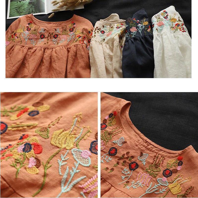 Retro Embroidered O-Neck Half Sleeve T-shirt Women's Loose Doll Shirt Summer New Large Size Cotton Tops Loose Female Tshirt Tee