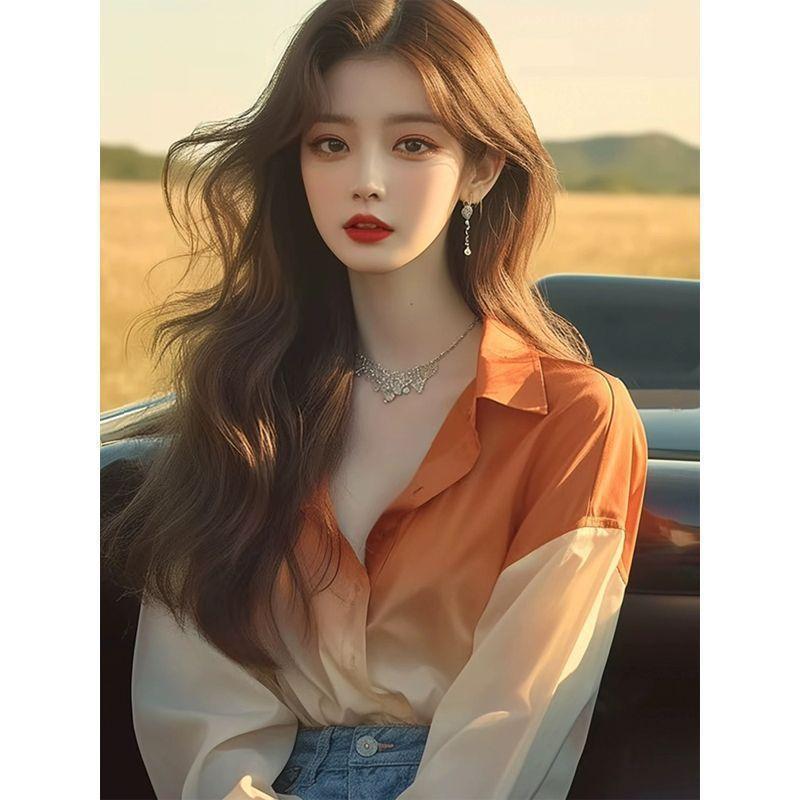 This Year's Popular French-style Tops Orange Gradient Shirts for Women in Early Autumn
