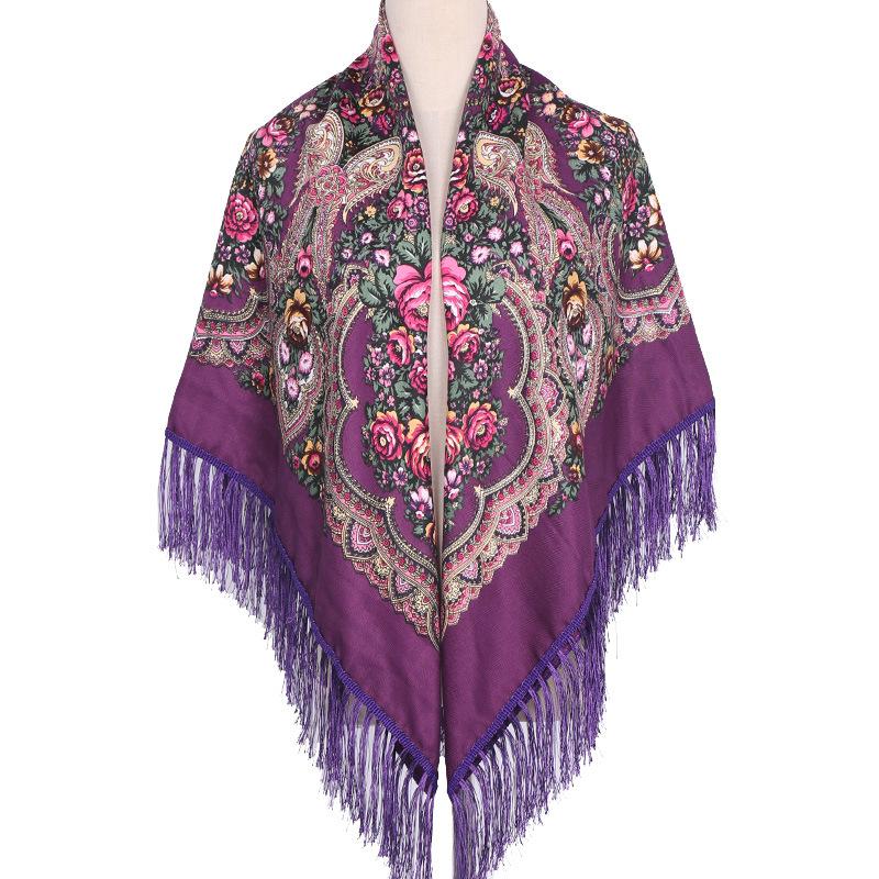 130*130cm Russian Style Floral Print Square Scarf Big Size Bandana Handkerchief Ukrainian Scarves Fringed Shawl Babushka Hijab