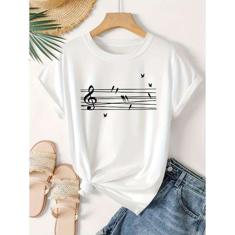 Women's Musical Staff & Treble Clef T-Shirt with Bird Notation - Music Print Short Sleeve Blouse, Round Neck Casual Top for Musicians,