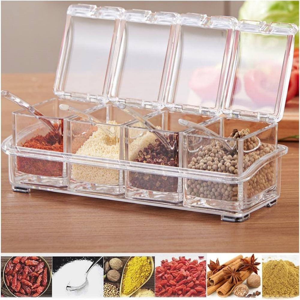 4pcs Clear Spice Jar Set with Dinner Spoon and Tray Durable, Airtight Food-grade Container for Salt, Sugar, Pepper and More