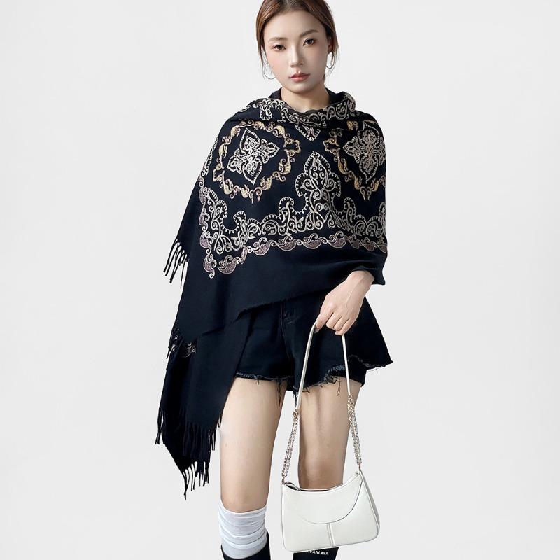 

Autumn and winter new high-grade imitation cashmere scarf women s scarf neck warm scarf dual-purpose embroidery decorative fringed shawl 185*70cm