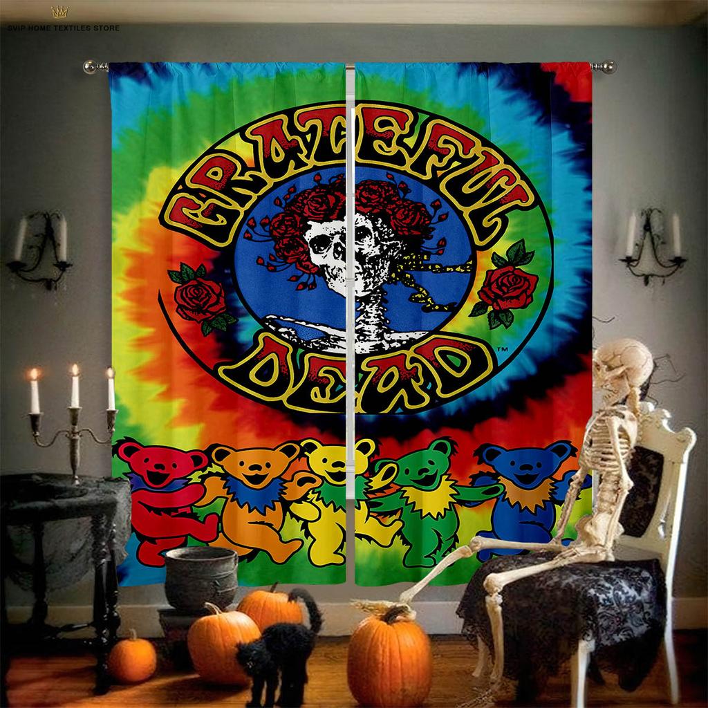 Creative Skull Flower 3D Printing Curtain, Bedroom, Living Room, Restaurant, Halloween Party Decoration, 2 Pieces