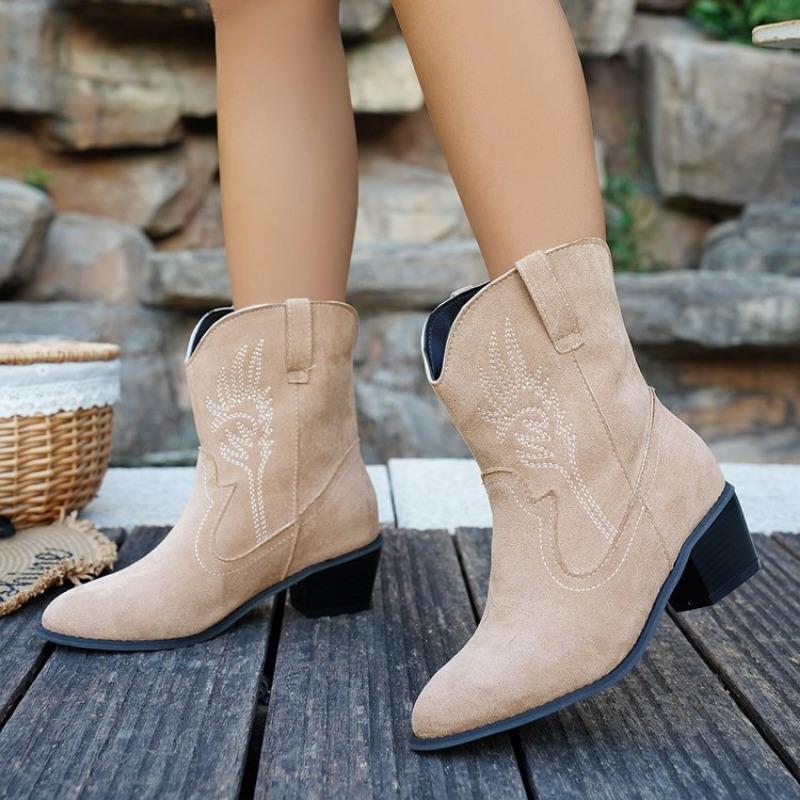 

Женские короткие ботинки на толстом каблуке большого размера, осенне-зимние новые модные вышитые короткие ботинки в стиле вестерн для женщин 38 бежевый