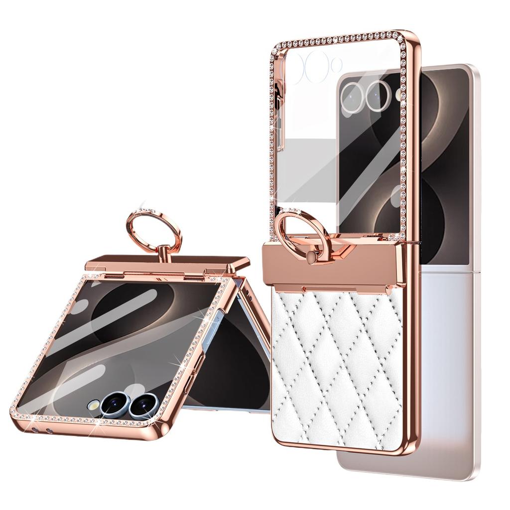 Premium Mode Rautensteppung Leder Hülle für Samsung Galaxy Z Flip 8 7 Hart Stoßfest mit Ringhalter Schnalle Scharnier Schutzglas Film Abdeckung