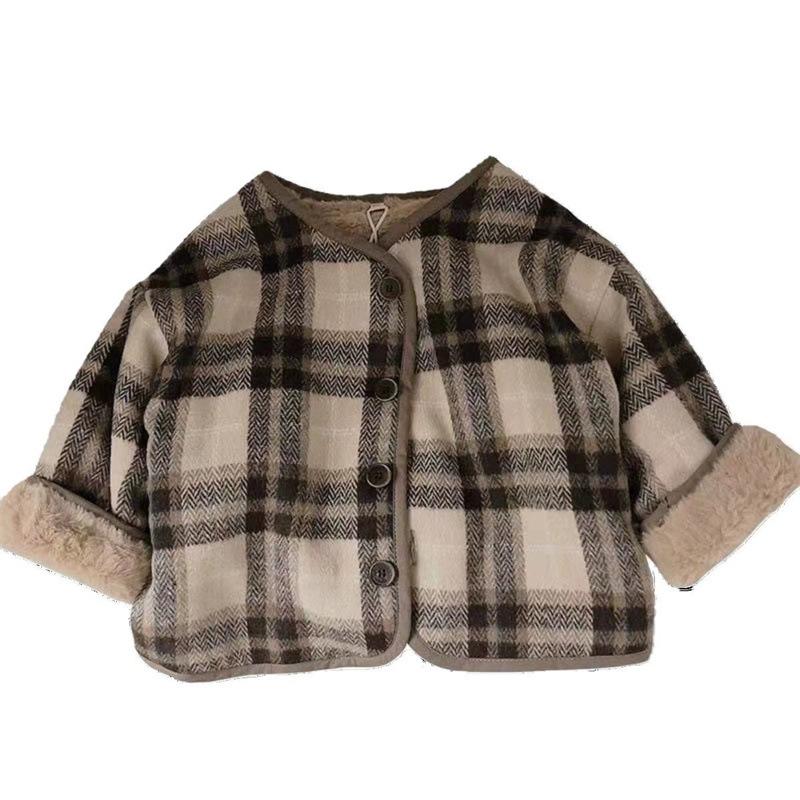 Kids Plaid Fleece Lined Wool Blend Coat Warm Casual Winter Outerwear