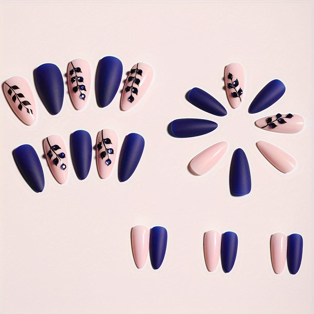 

24pcs Short Almond Armor Matte Blue Sparkling Diamond Leaf Fake Nail Patch with Diamond Inlay Detachable Nail Wearing Armor