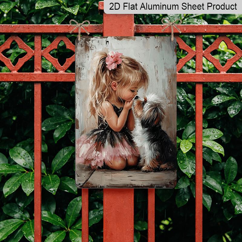 2D Flat, 1pc Vintage "Girl & Yorkshire Terrier" Aluminium Sign - 8"x12" Rustic Pet & Family Decor, Heartwarming Dog Lover Wall Art, Perfect Gift for
