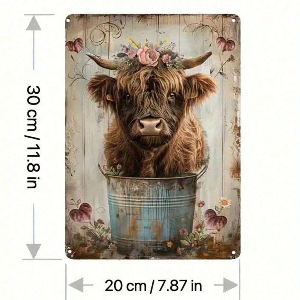Vintage Highland Cow Floral Metal Sign Rustic Wall Art For Home Garden Outdoor Decor