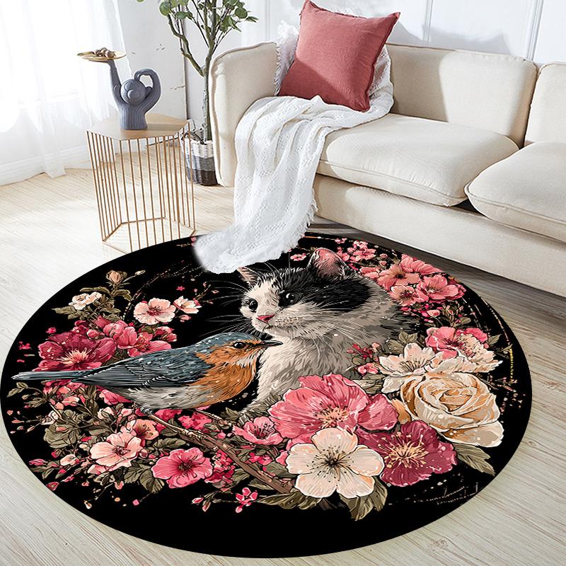 Floral Cat Round Area Rug,Carpet Rug for Living Room Bedroom Sofa Playroom Decor,Non-slip Floor Mat