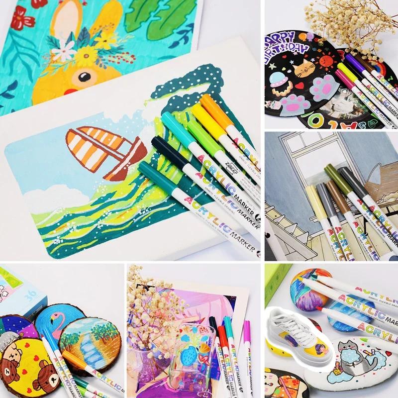 18/60 Colors Acrylic Markers Collection Brush Pens for Fabric Rock Painting Pen Ceramic Glass Canvas DIY Card Making Art Supplies