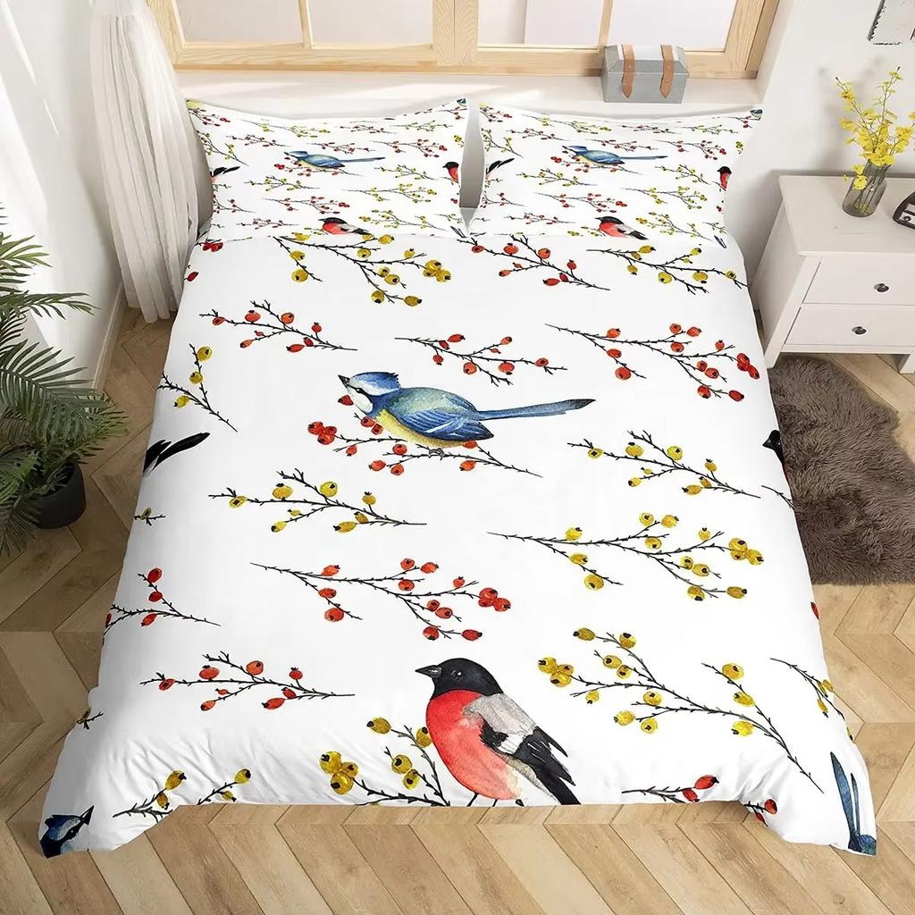 Cartoon Birds Duvet Cover Set Watercolor Branches Animal Bedding Set Comforter Cover Adults Kids Single Full Size Quilt Covers