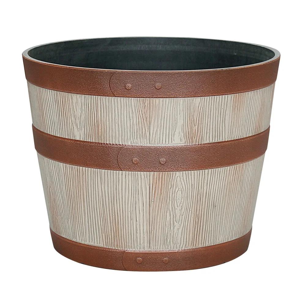 Whiskey Barrel Resin Planter Durable Indoor Outdoor Round Pot with Drainage Holes Frost Resistant Lightweight Easy Care