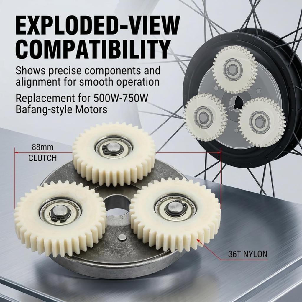 Electric Motor Gear Clutch Kit 36T, E Motor Gear Clutch Solid Nylon Gears for Electric 500W-750W, Planetary Gears for Electric Motor Replacement