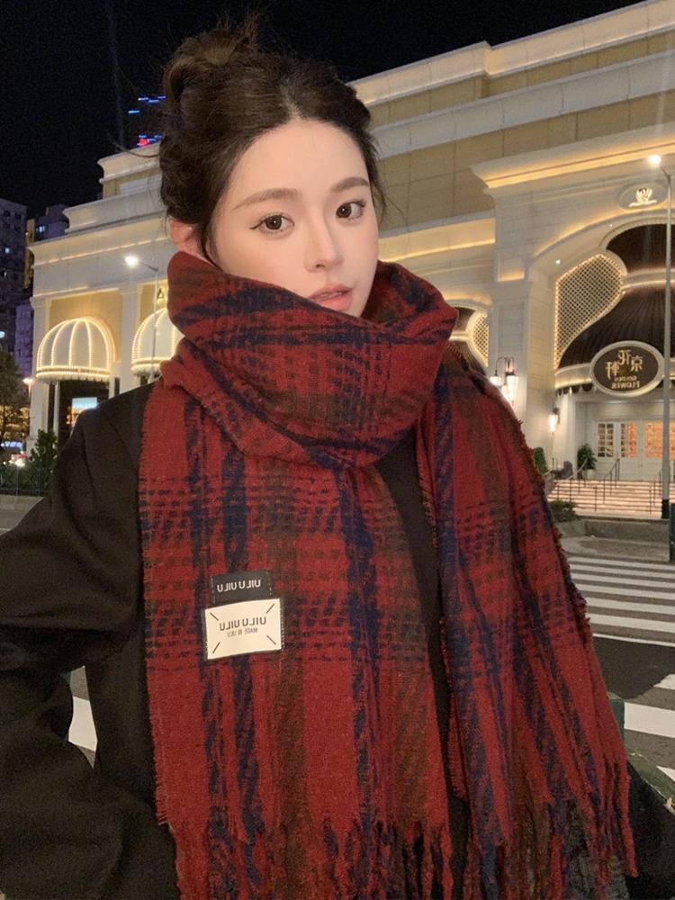 Women Retro Plaid Knitted Scarf Headscarf Ladies Casual Sweet Tassel Warm Scarve Mujer Wrap Shawl Student Young Girl New Winter