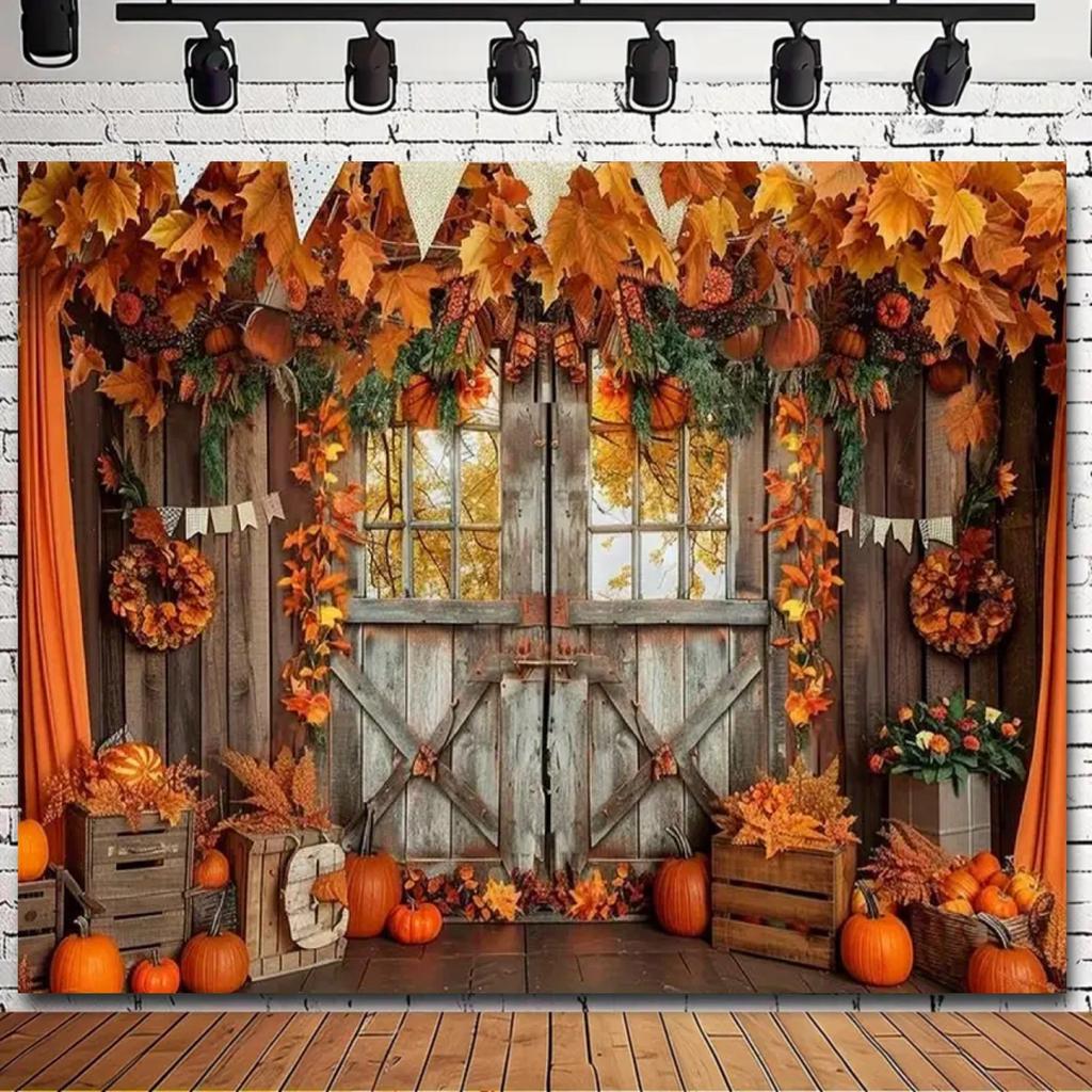 2D plane, 1 piece of autumn harvest background fabric - Maple leaves and pumpkin barn theme,Harvest Festival, polyester material