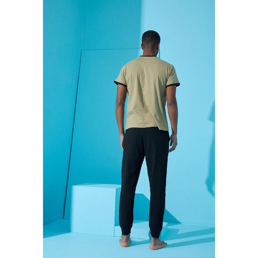 Khaki State bedrucktes, kurzärmliges Herren-Pyjama-Set mit Bündchen