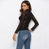 Damen Langarm Oberteil mit hohem Kragen Transparentes Mesh-Einsatz Lässige Bluse Hemd Addswhich