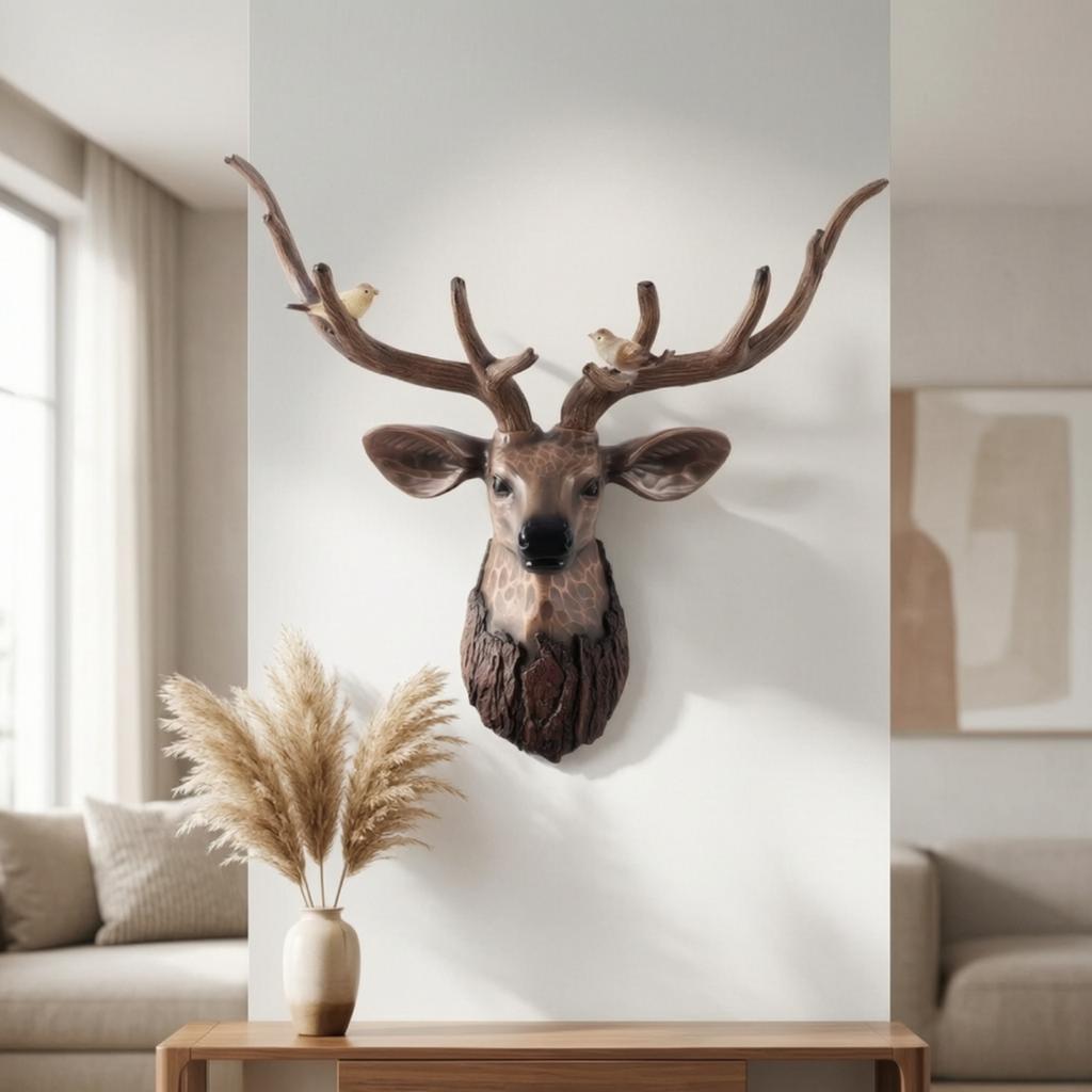 Deer Head with Antlers Wood-Look Deer Head Wall Sculpture Rustic Decor Sculpted for Living Room, Entryway