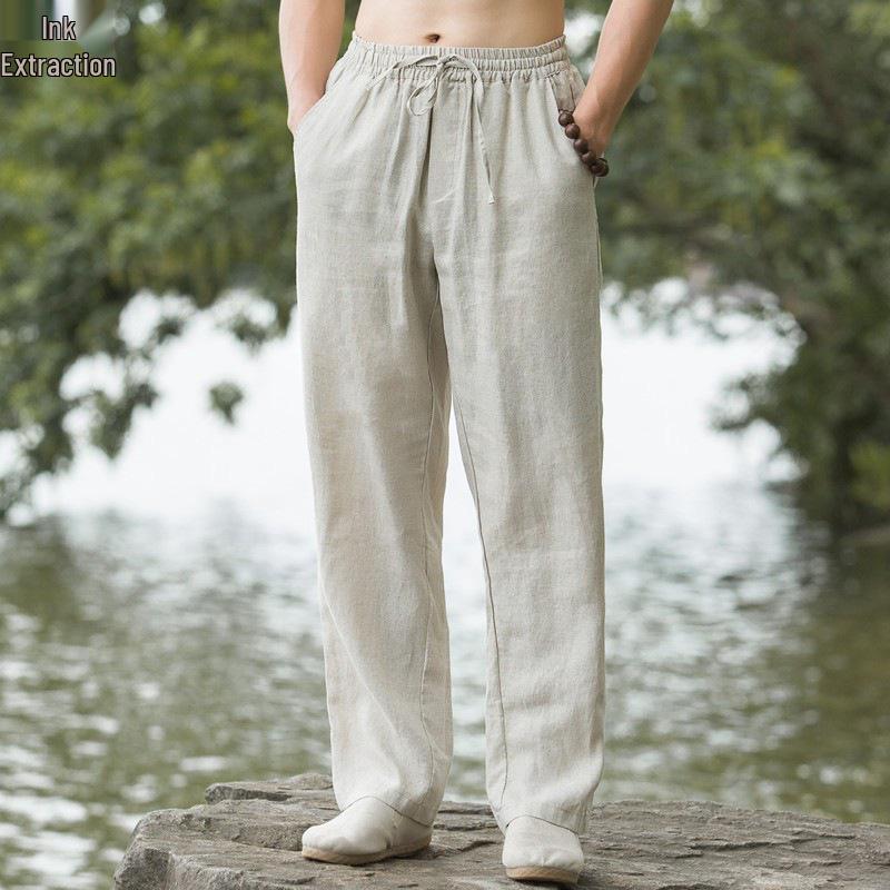 Men's Retro Chinese Style Linen Summer Trousers - Loose, Thin, Straight Casual Pants.