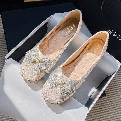 Neue flache Schuhe für Damen, Frühling, Sommer, schöne Slipper aus Seide mit Kristallschleife, bequeme Bootsschuhe für Mädchen, Größe 35–43