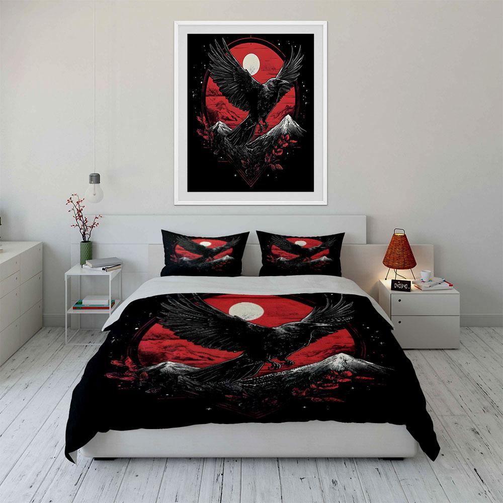 "Raven and Mountains Night Art" Exquisite three-piece bedding set gift for kids and adults