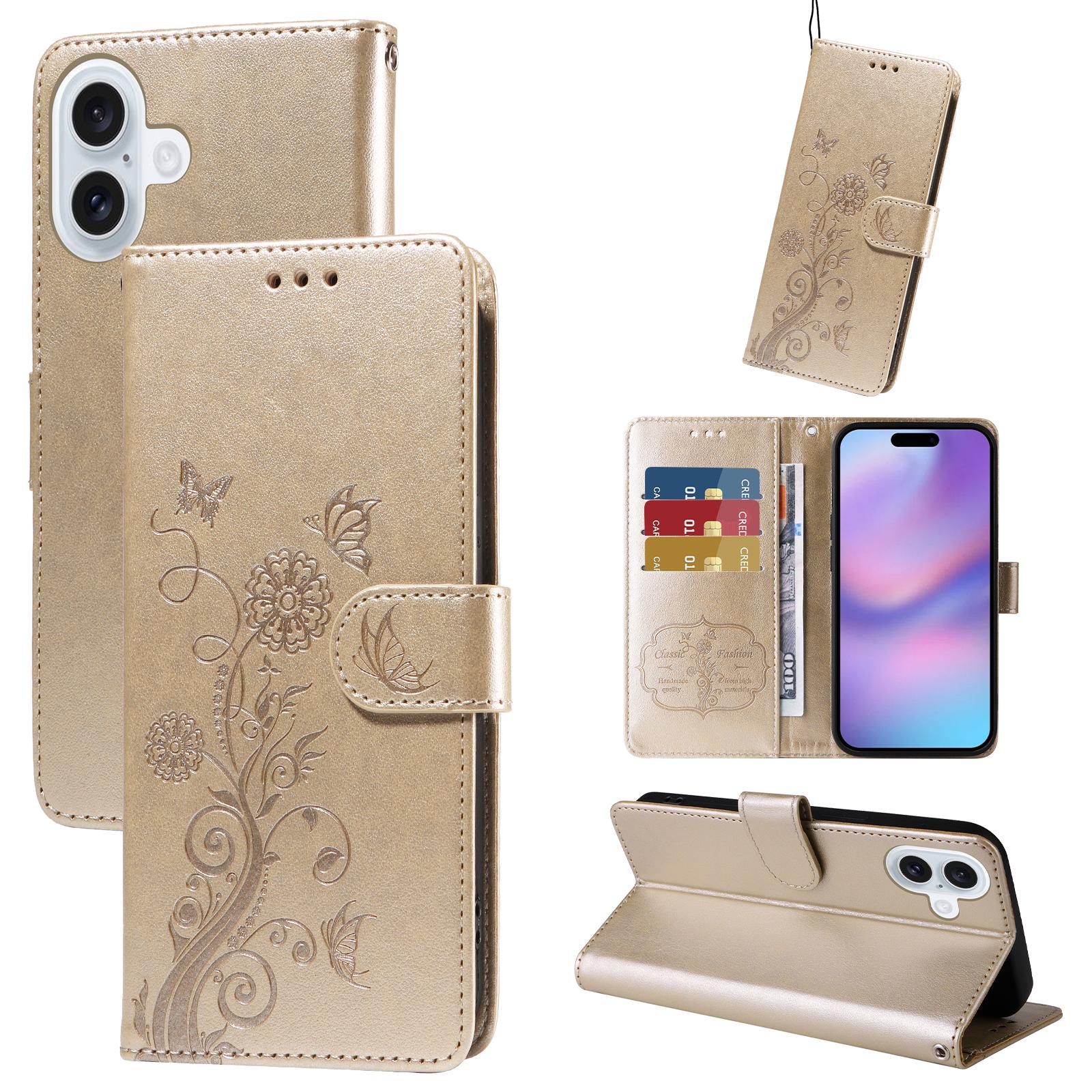

For iPhone 17 Leather Case Butterfly Floral Imprint Wallet Stand Cover Pink