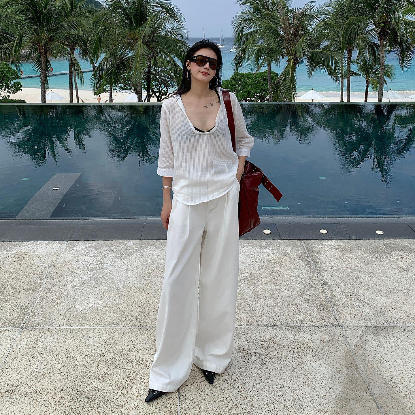 Women s White Tencel Low-Waist Wide-Leg Pants, Spring 2026 – Loose-Fit, Straight, Slimming, Floor-Length Design L