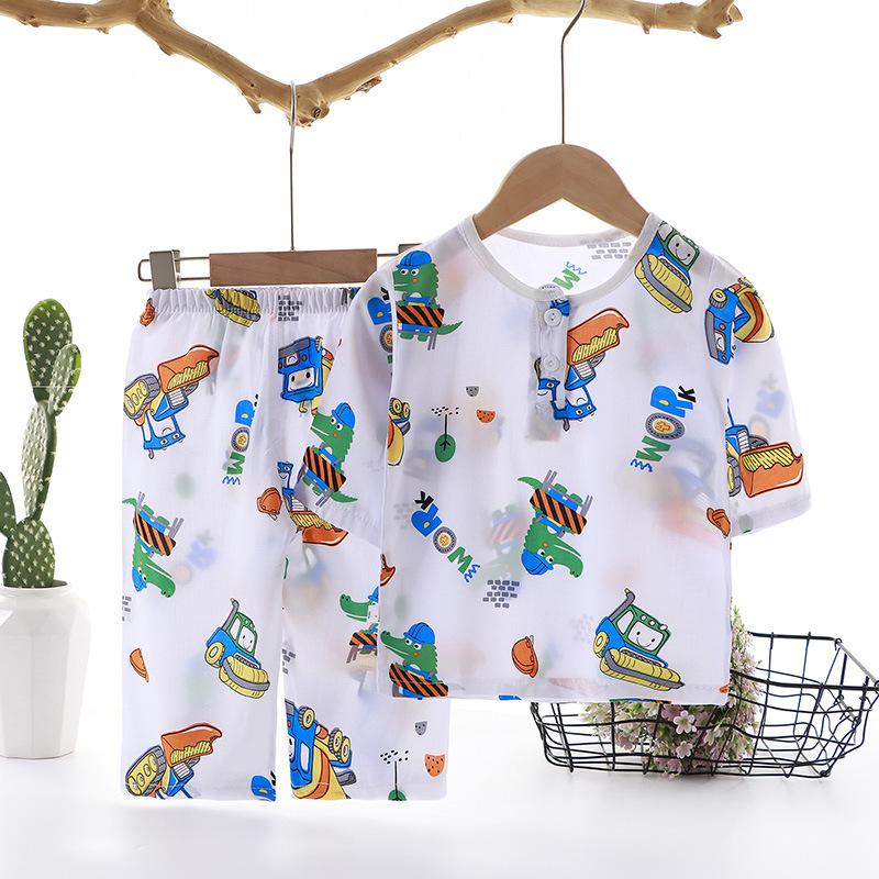 Summer Kids Cotton Silk Pajamas Thin Home Wear Set Boys Girls Cute Pattern Outdoor Wear