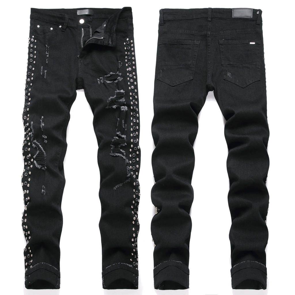 Denim Street Youth Trendy Jeans Embroidered Hole Stretch Small Leg Men's Jeans