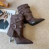 Wind Belt Buckle Wide Tube Pointed Head Autumn and Winter New Fashion Women's Boots Thin Heel Thin Short Boots Women