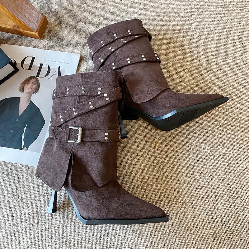 

F733-6 Полусапожки на высоком каблуке Женские сапоги 2025 Новые осенние остроносые облегающие сапоги Тонкий каблук Модные сапоги-трубы Женские 39 темно-коричневого