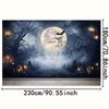 1 piece of Halloween background cloth - Full Moon Tomb Scene with Bat  Mist Atmosphere  and Tombstone Halloween Decoration