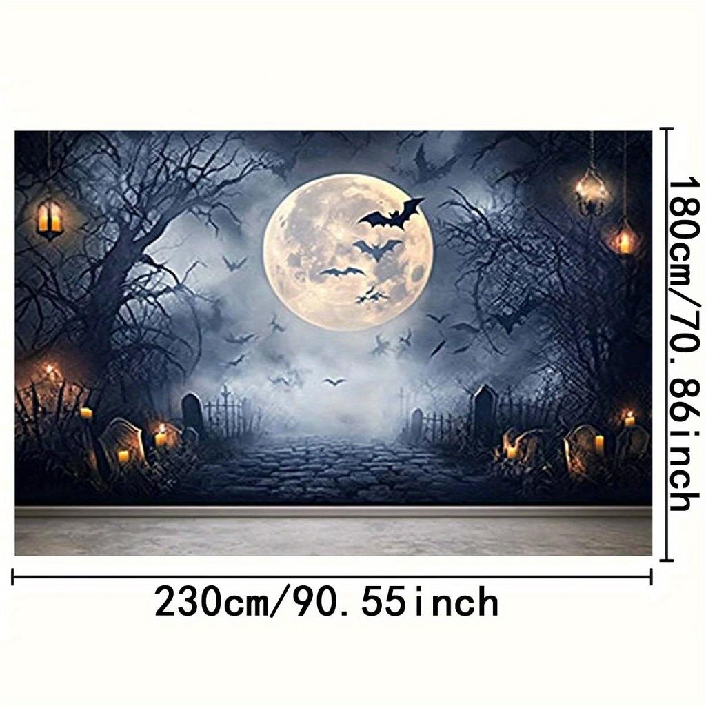 1 piece of Halloween background cloth - Full Moon Tomb Scene with Bat Mist Atmosphere and Tombstone Halloween Decoration