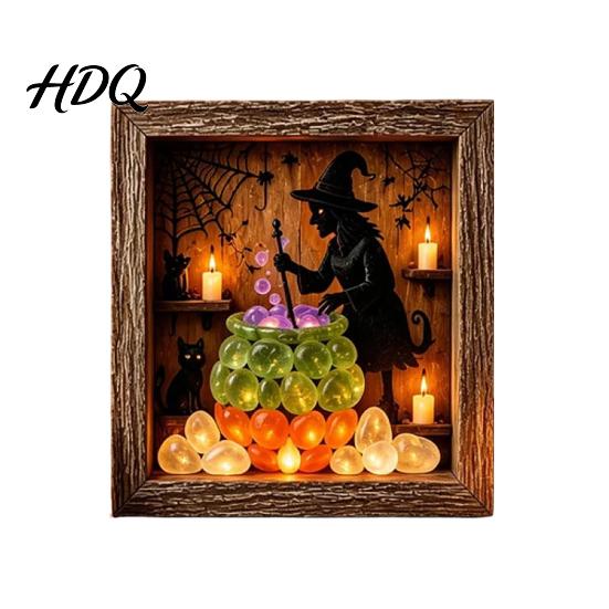 Gothic Shadow Box Night Light DIY Lighted Halloween Ghost Kit Wooden Frame LED Warm Light Crystal Glass Display Case Memory with Panel Decorative