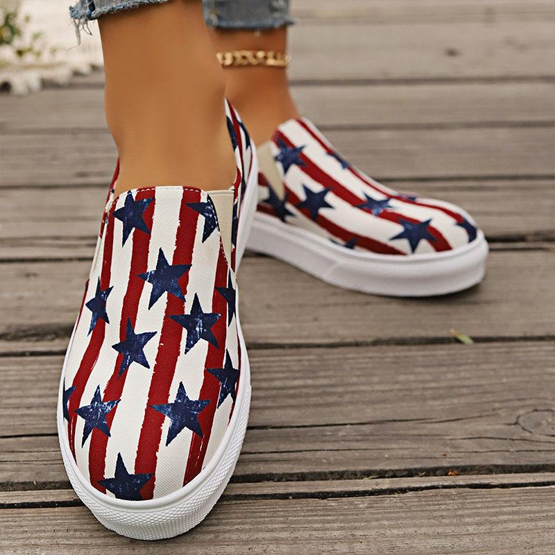 Sneakers zum Unabhängigkeitstag, Damen-Segeltuchschuhe, Espadrilles mit Aufdruck zum 4. Juli, Plateau-Freizeitschuhe, weiche flache Slip-on-Loafer