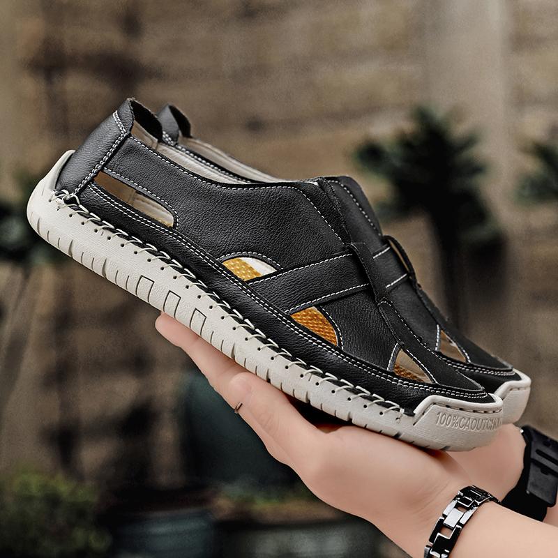 Fashion Casual Leather Men's Sandals Lightweight Summer Shoes Non-Slip Dual-Purpose Shoes Outdoor Beach Flats Hollow Out Male Sandaly