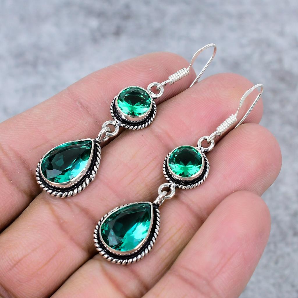 Green Tourmaline Gemstone Handmade 925 Sterling Silver Earring 2.56" M-348