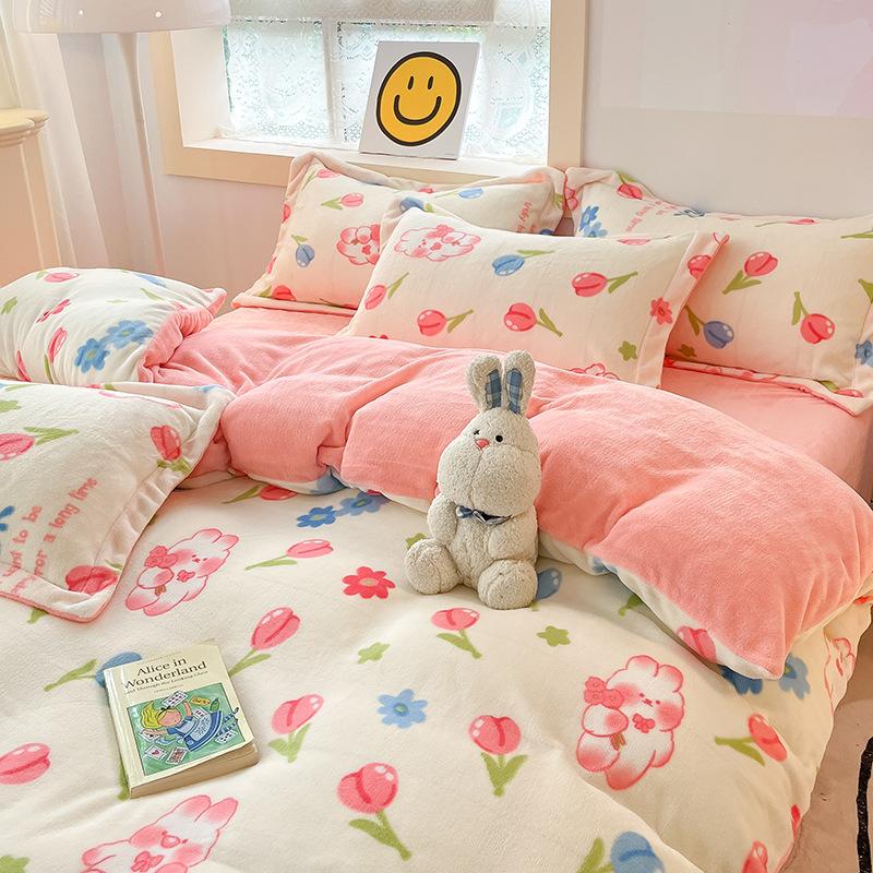 Four Piece Thick Coral Velvet Quilt Cover For Winter Milk Velvet Bed