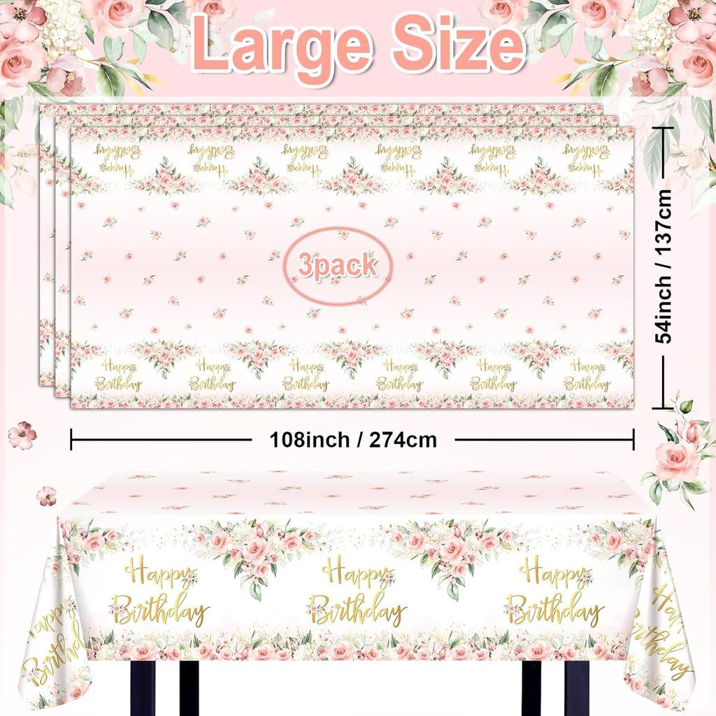 Avezano 3 Pcs Rose Gold Party Decorations Pink Floral Happy Birthday Tablecloths for Girls Women Birthday Party Supplies 108 x 54 Inch