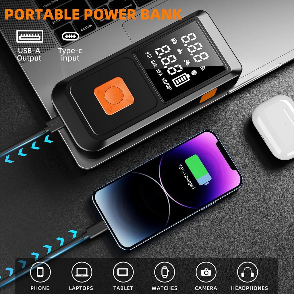 Startovací zdroj pro auto s kompresorem 150PSI, přenosný, 12V startovací box s chytrými startovacími kabely, displej tlaku v pneumatikách